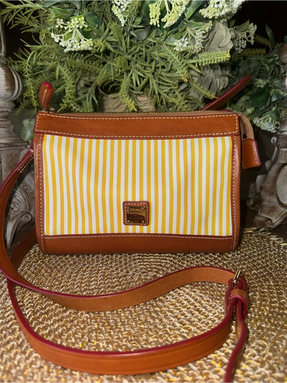 VINTAGE Dooney & Bourke Yellow Stripe Crossbody Leather Trim EXCELLENT Cond